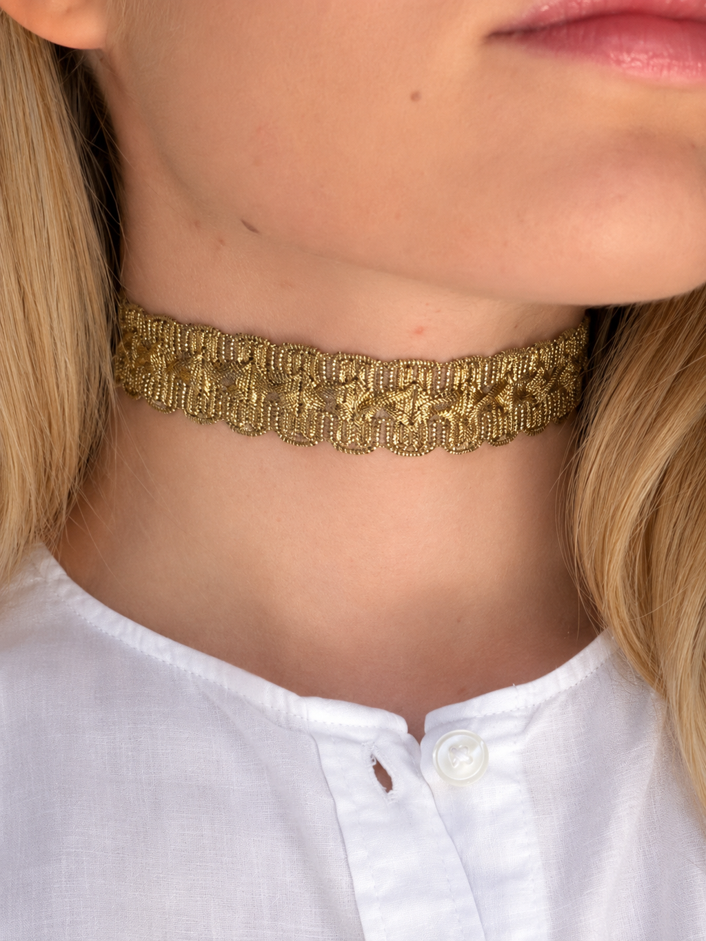 Rosalie gold lace choker worn, handmade jewelry Vienna