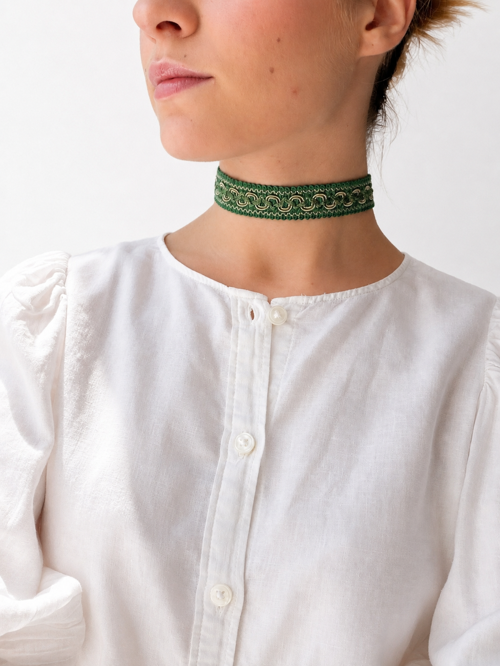 Odette green fabric choker – gold detail choker, handmade in Vienna