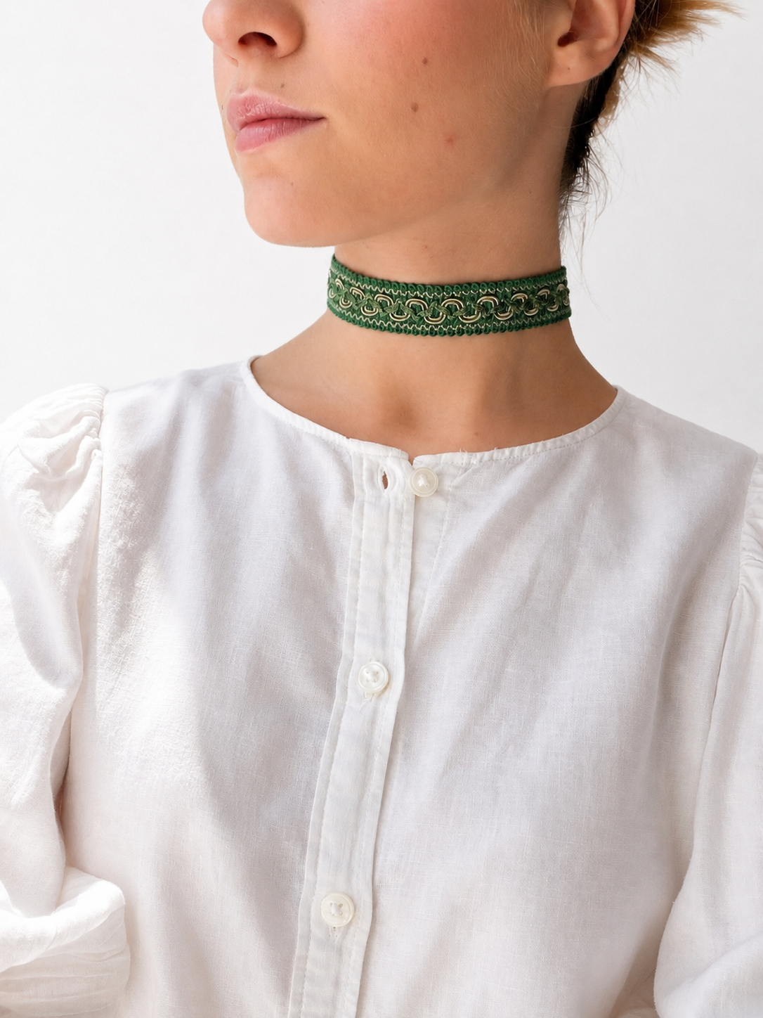 Odette green fabric choker – gold detail choker, handmade in Vienna