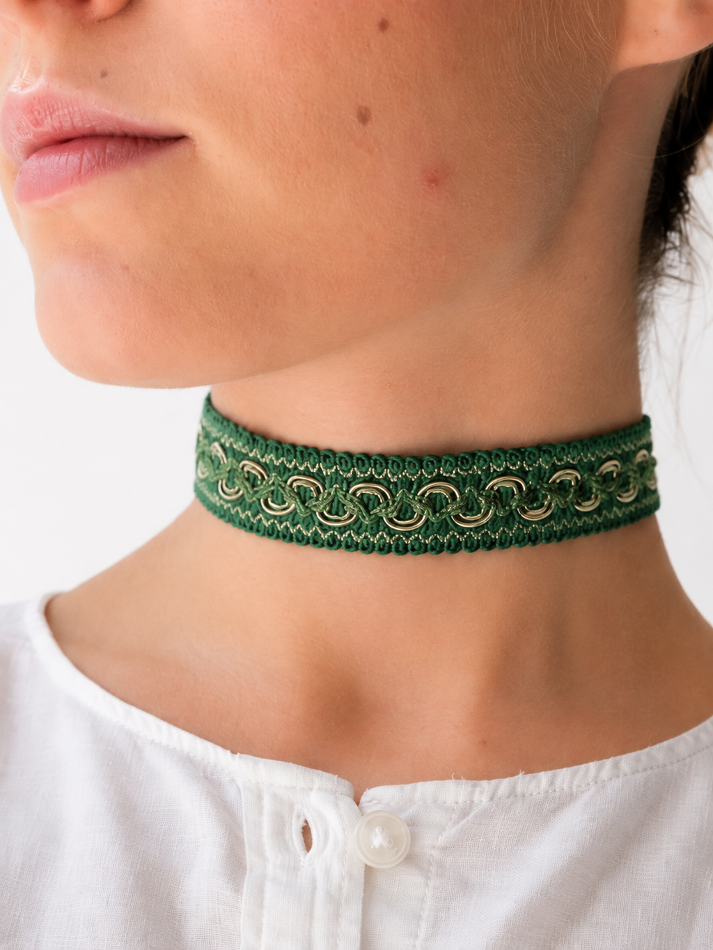 Odette green fabric choker worn, handmade jewelry Vienna