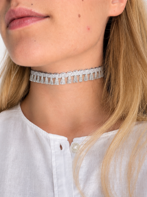 Colette silver tassel choker close-up detail, handmade in Vienna