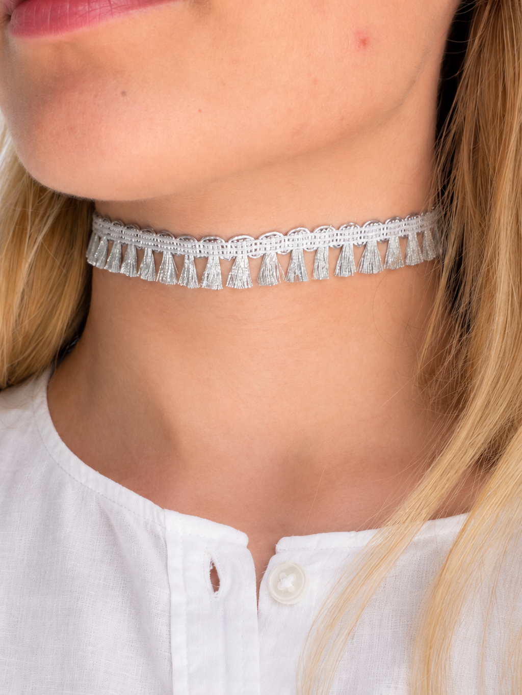 Colette silver tassel choker worn, handmade jewelry Vienna