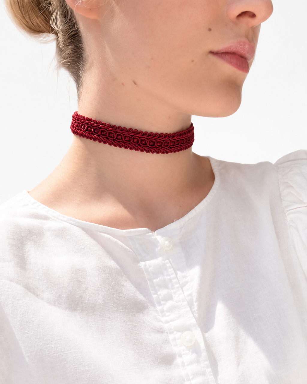 Juliette red fabric choker – burgundy braided choker, handmade in Vienna