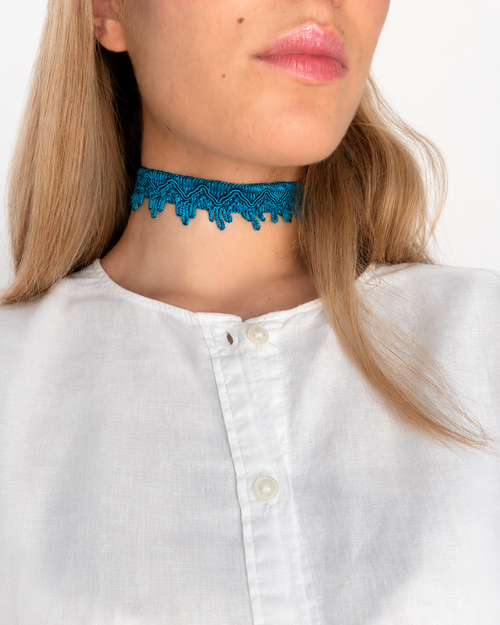 Adèle teal fabric choker – fringe choker necklace, handmade in Vienna