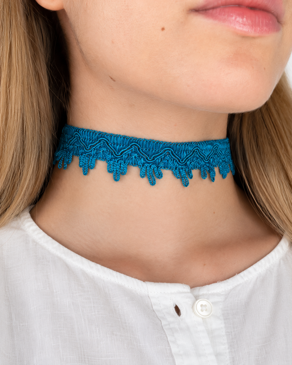 Adèle teal fabric choker worn, handmade jewelry Vienna