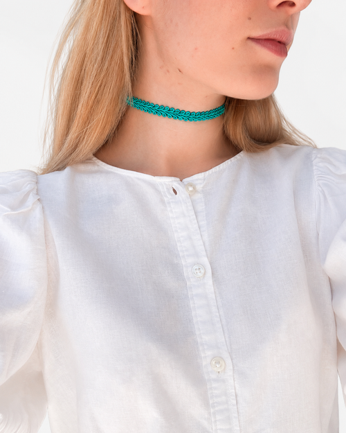 Camille teal braided choker – turquoise fabric choker, handmade in Vienna