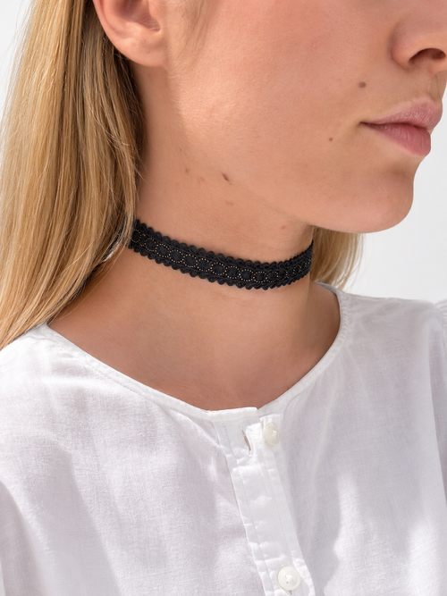 Beatrix blue fabric choker close-up detail, handmade in Vienna