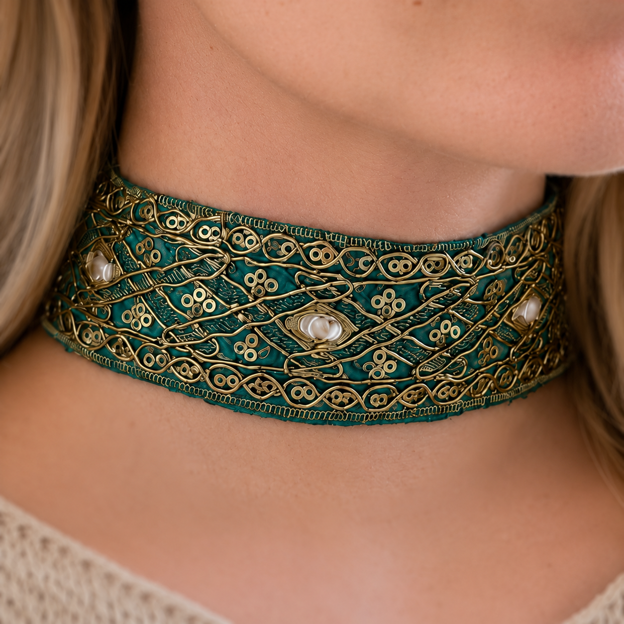 Esmée turquoise gold choker worn, handmade jewelry Vienna