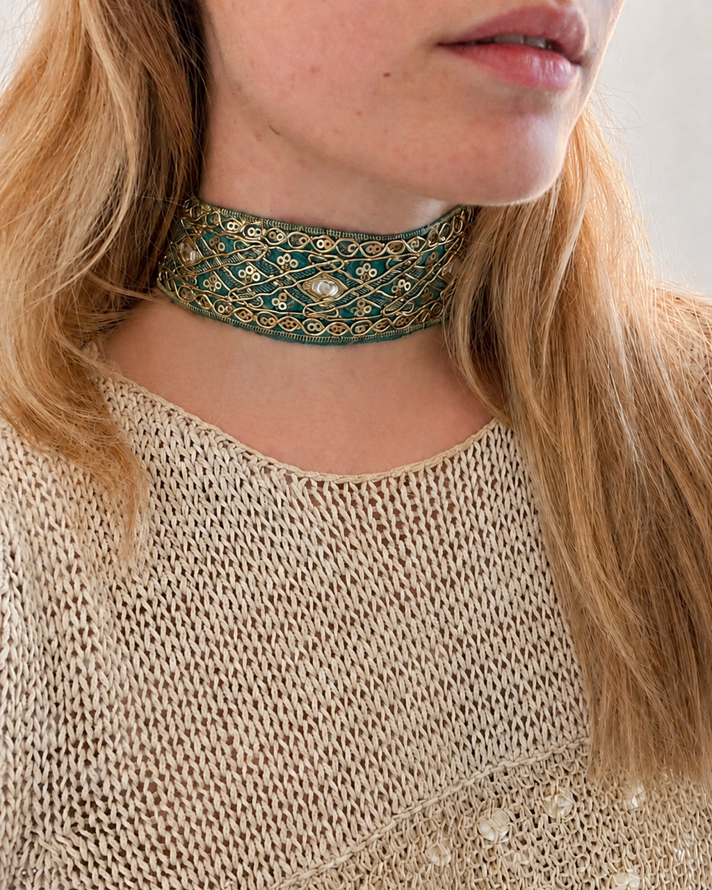 Esmée turquoise gold choker – embroidered fabric choker, handmade in Vienna